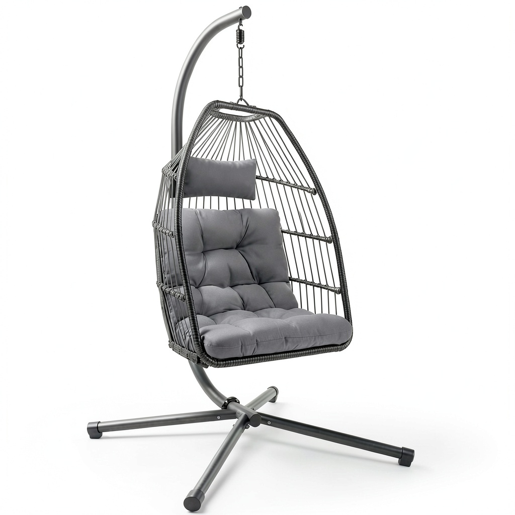 Poltrona Sospesa da Giardino in Rattan e Metallo con Cuscino, Design Moderno, Grigio, 107 x 98 x 202 cm