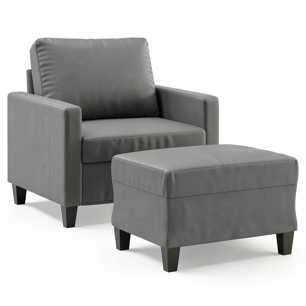 Poltrona relax in ecopelle grigia con pouf, 60 cm, ideale per il soggiorno - Confortevole seduta imbottita e cuscino schienale