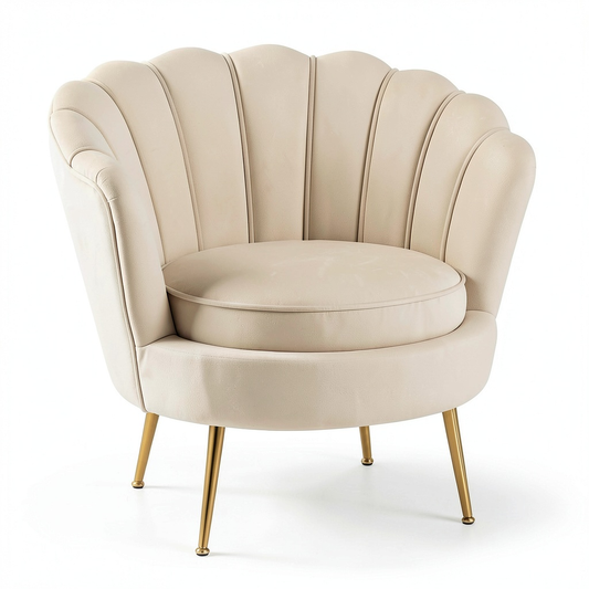 Poltrona in Velluto Beige con Gambe in Oro e Schienale a Conchiglia - Design Moderno