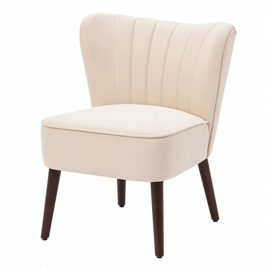 Sedia Lounge in Velluto Beige con Gambe in Legno per Soggiorno