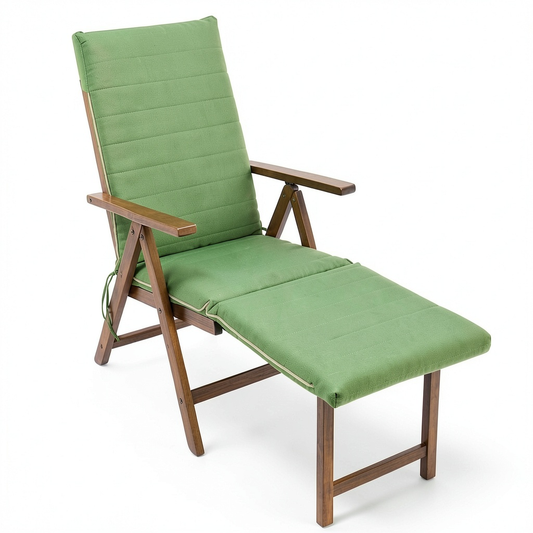 Sedia a Sdraio Reclinabile in Legno con Cuscino Verde, 7 Posizioni, Made in Italy