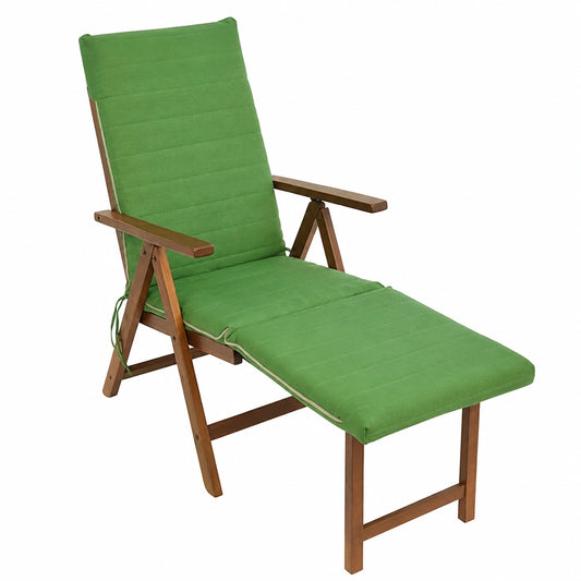 Sedia a Sdraio Reclinabile in Legno con Cuscino Verde, 7 Posizioni, Made in Italy