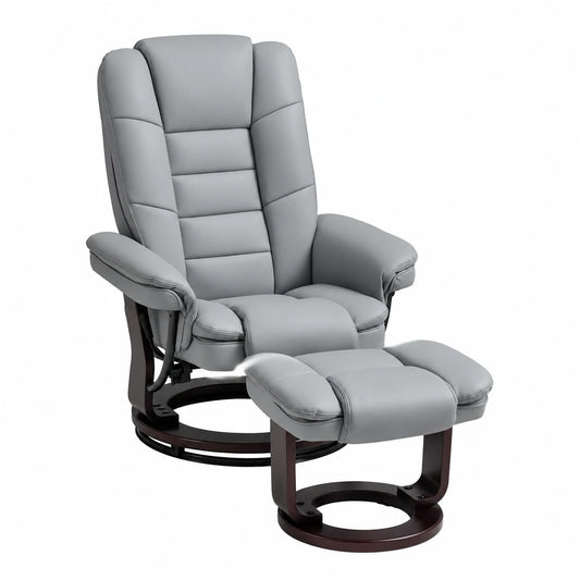Poltrona Reclinabile 135° con Pouf in Pelle PU, Ergonomica e Girevole, per Casa e Ufficio, Grigio 85x82x106 cm