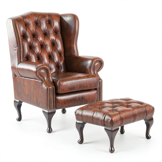 Poltrona Chesterfield in Pelle Waterloo con Sgabello, Marrone Elegante