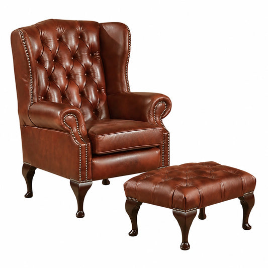 Poltrona Chesterfield in Pelle Waterloo con Sgabello, Marrone Elegante