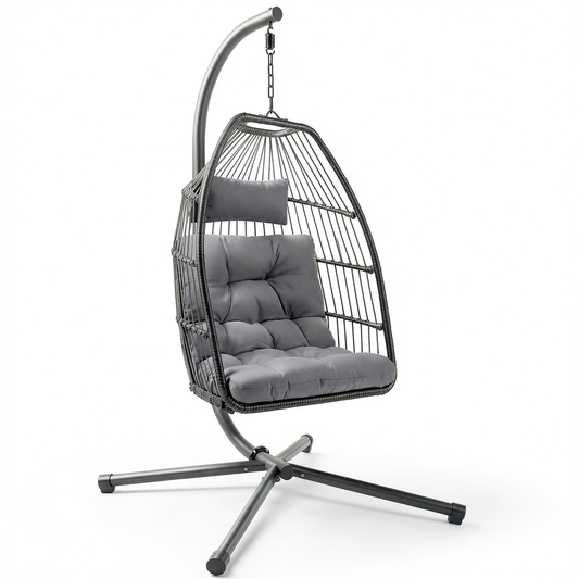 Poltrona Sospesa da Giardino in Rattan e Metallo con Cuscino, Design Moderno, Grigio, 107 x 98 x 202 cm