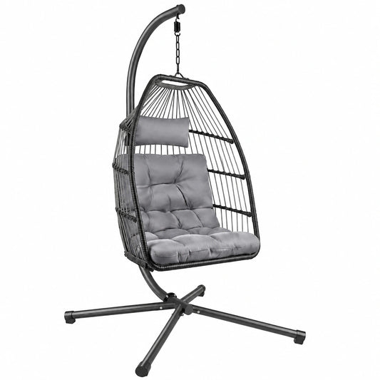 Poltrona Sospesa da Giardino in Rattan e Metallo con Cuscino, Design Moderno, Grigio, 107 x 98 x 202 cm