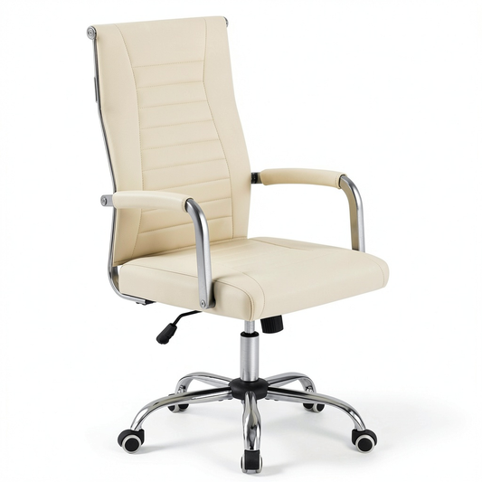 Sedia da Ufficio Ergonomica in Pelle Sintetica Beige con Schienale Reclinabile