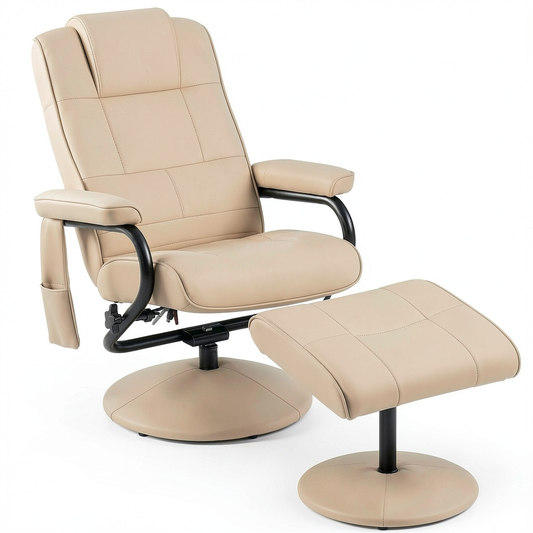Poltrona Relax Reclinabile con Funzione Massaggio e Pouf, Rivestimento in Similpelle, Colore Crema