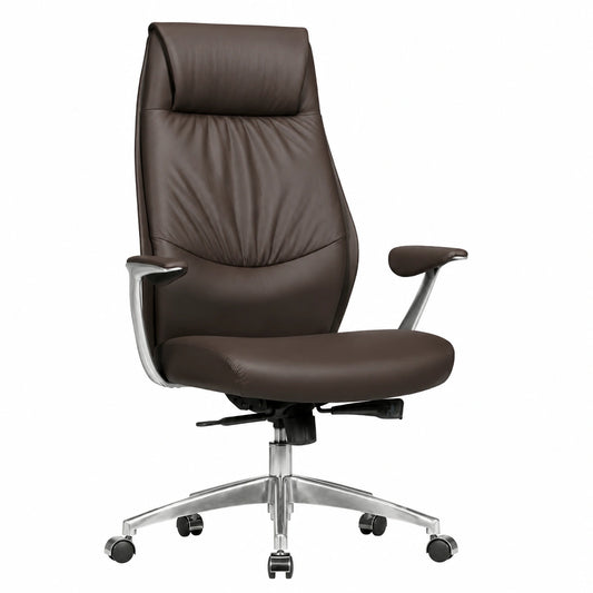 Poltrona Ufficio Ergonomica in Vera Pelle Marrone con Braccioli e Ruote
