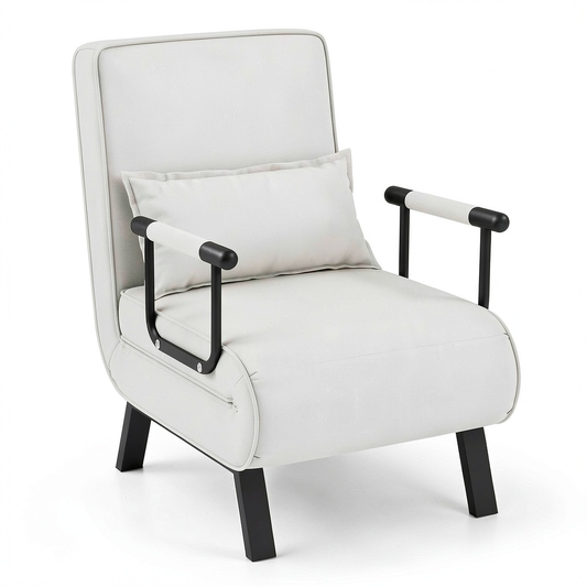 Poltrona Letto Singolo 4 in 1 con Schienale Regolabile, Braccioli e Cuscino, Ideale per Salotto e Camera da Letto (Bianco)