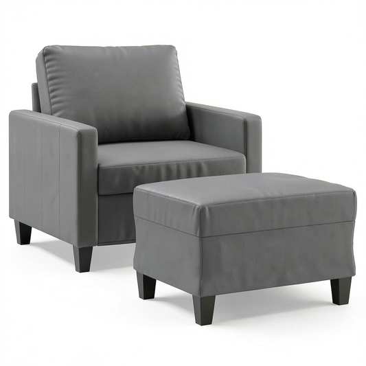 Poltrona relax in ecopelle grigia con pouf, 60 cm, ideale per il soggiorno - Confortevole seduta imbottita e cuscino schienale