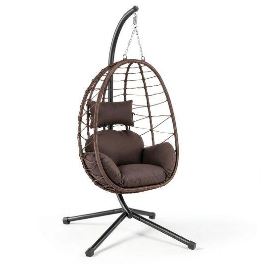 Sedia a Dondolo Sospesa da Giardino in Rattan con Cuscino e Poggiatesta