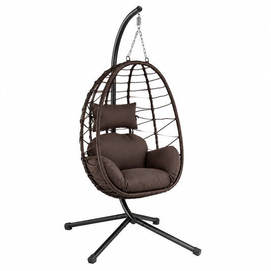 Sedia a Dondolo Sospesa da Giardino in Rattan con Cuscino e Poggiatesta