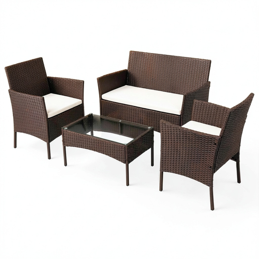 Set Salotto in Rattan con Divano, Poltrone e Tavolino in Vetro, Struttura in Acciaio e Cuscini Sfoderabili, Design Moderno per Giardino e Terrazzo, Colore Marrone