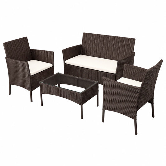 Set Salotto in Rattan con Divano, Poltrone e Tavolino in Vetro, Struttura in Acciaio e Cuscini Sfoderabili, Design Moderno per Giardino e Terrazzo, Colore Marrone