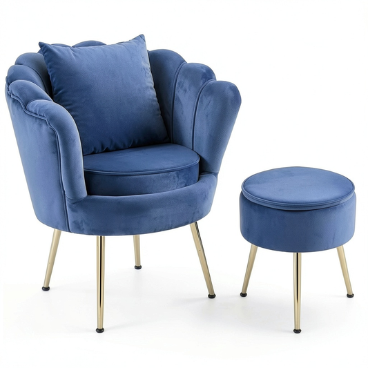 Poltrona in Velluto con Poggiapiedi Contenitore, Design Conchiglia Moderno, Gambe in Metallo Dorato per Salotto e Camera - Blu