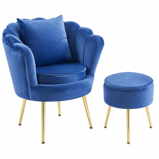 Poltrona in Velluto con Poggiapiedi Contenitore, Design Conchiglia Moderno, Gambe in Metallo Dorato per Salotto e Camera - Blu