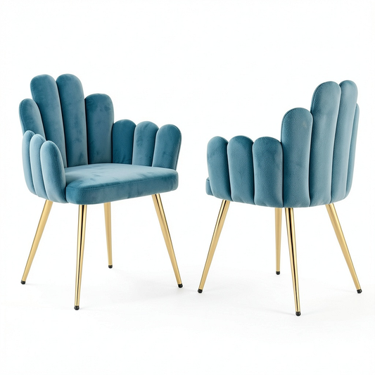 Set di 2 Sedie da Pranzo in Velluto Blu con Gambe Dorate