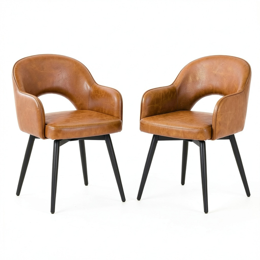 Set di 2 Sedie Girevoli in Ecopelle con Schienale Imbottito e Gambe in Metallo, Design Moderno, Marrone