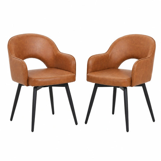Set di 2 Sedie Girevoli in Ecopelle con Schienale Imbottito e Gambe in Metallo, Design Moderno, Marrone