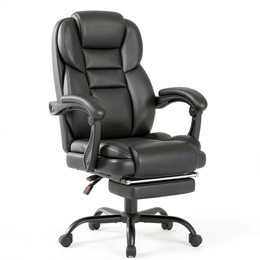 Yaheetech Sedia Ergonomica da Ufficio con Poggiapiedi in Pelle Sintetica, Reclinabile con Braccioli Imbottiti, Altezza Regolabile, Nero