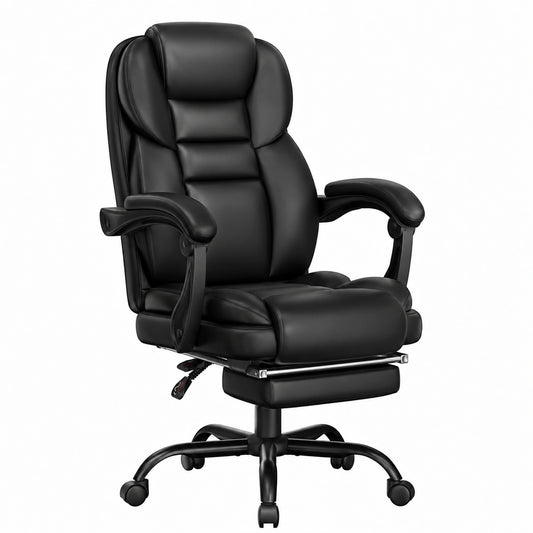 Yaheetech Sedia Ergonomica da Ufficio con Poggiapiedi in Pelle Sintetica, Reclinabile con Braccioli Imbottiti, Altezza Regolabile, Nero