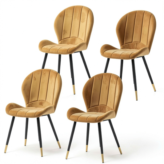 Set di 4 sedie da pranzo imbottite con gambe in metallo dorato, seduta in flanella gialla